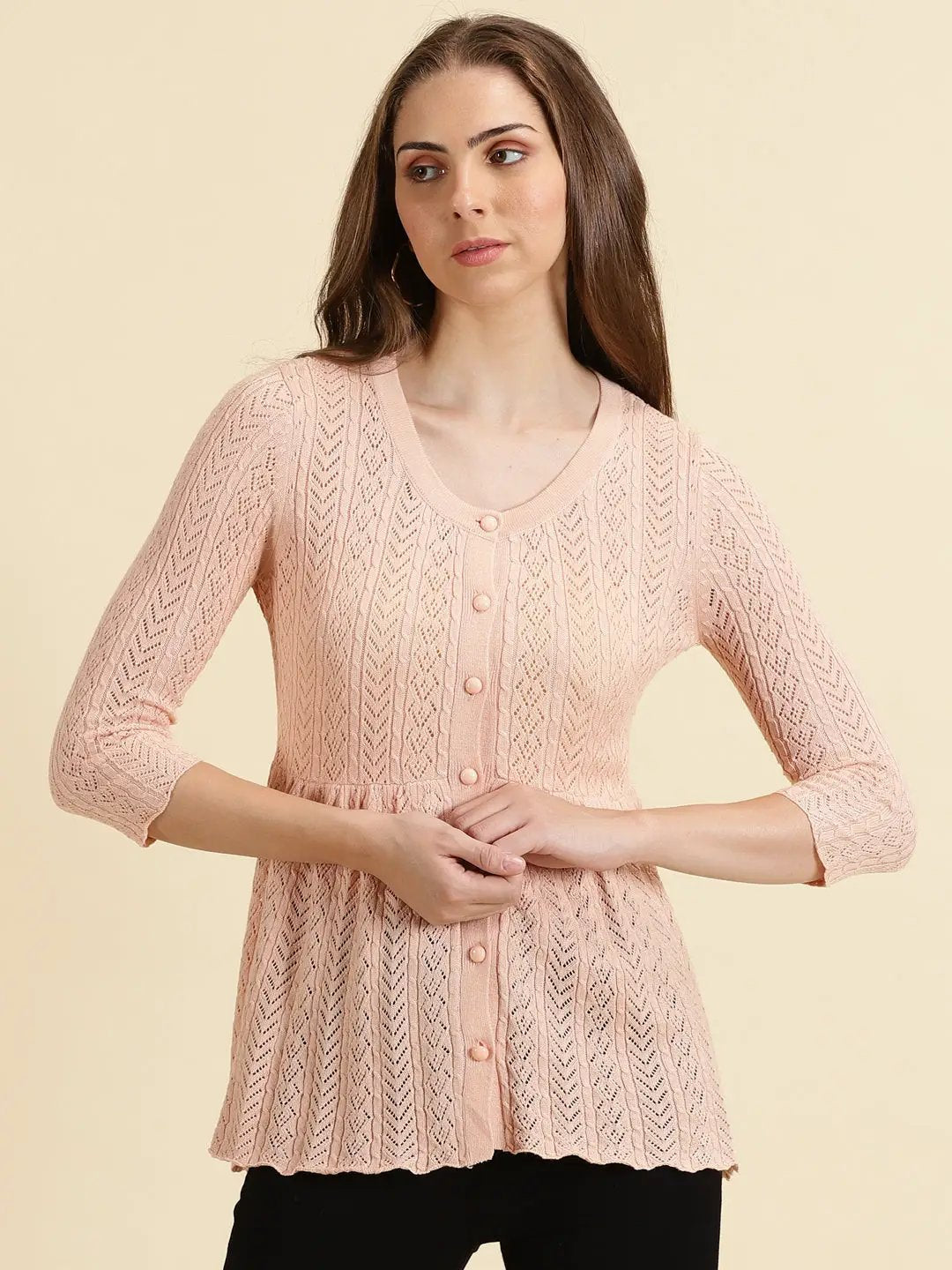 Women's Peach Solid Peplum Longline Top