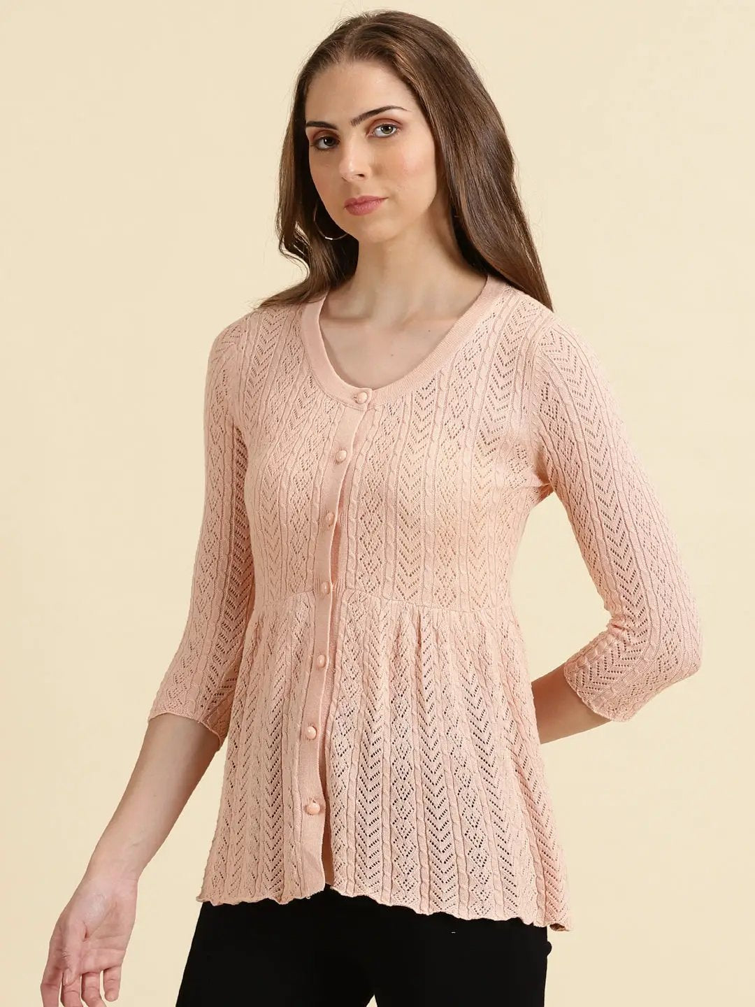 Women's Peach Solid Peplum Longline Top