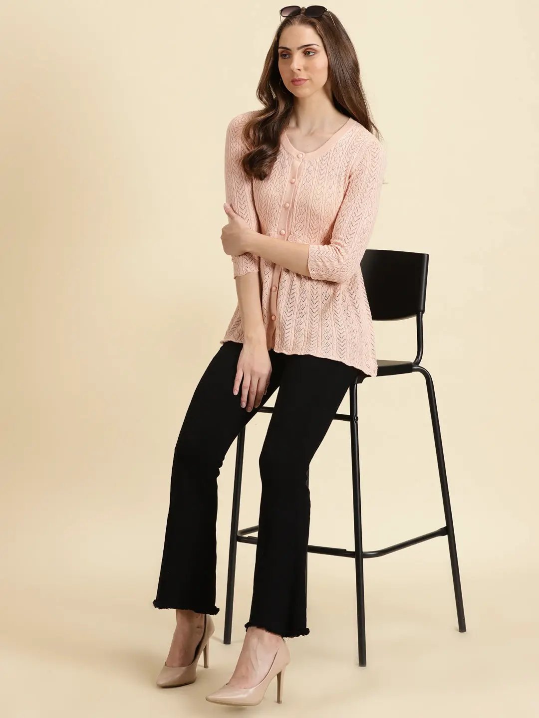 Women's Peach Solid Peplum Longline Top