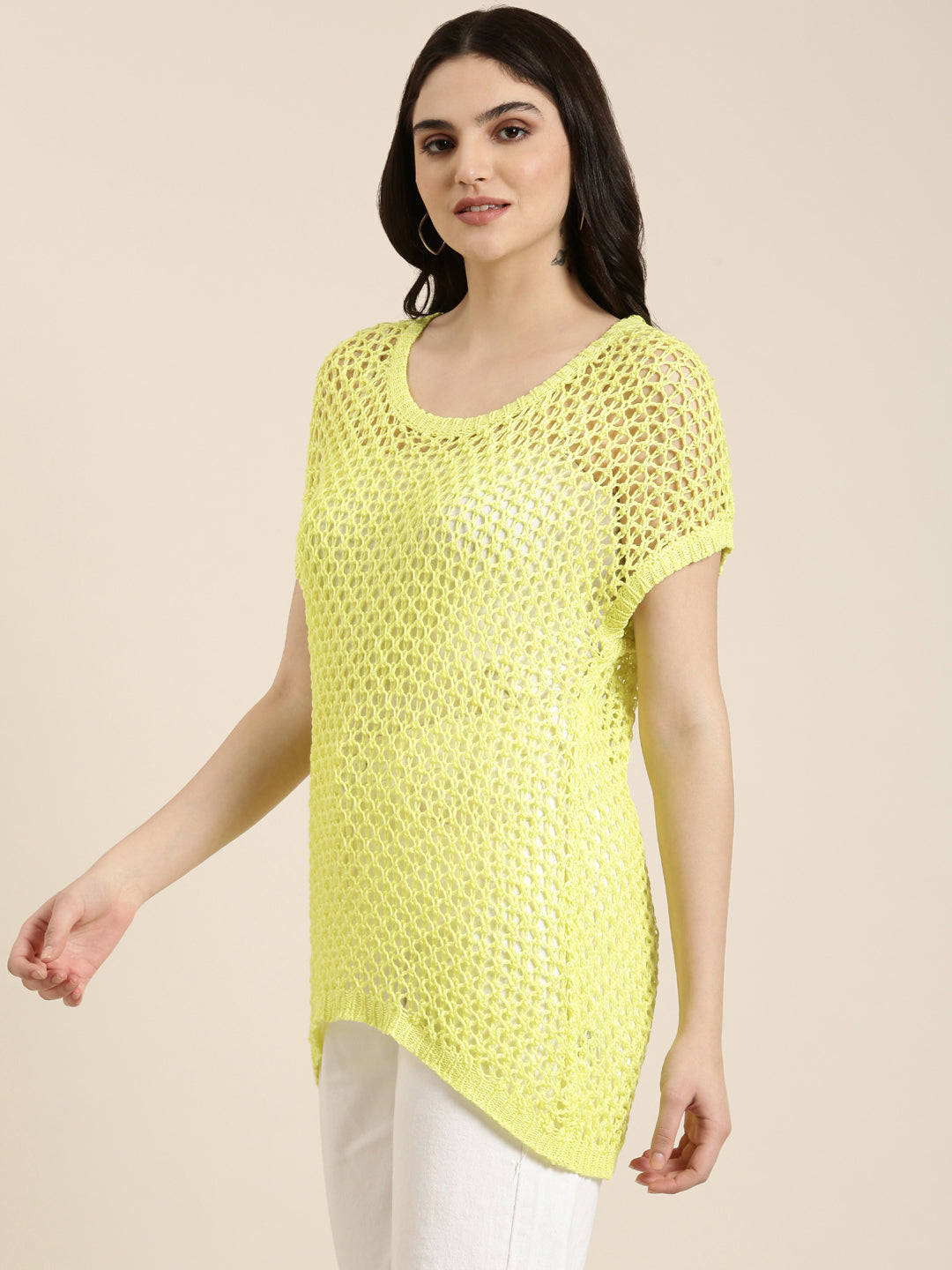 Women's Green Self Design Extended Sleeves Sheer Woollen Top