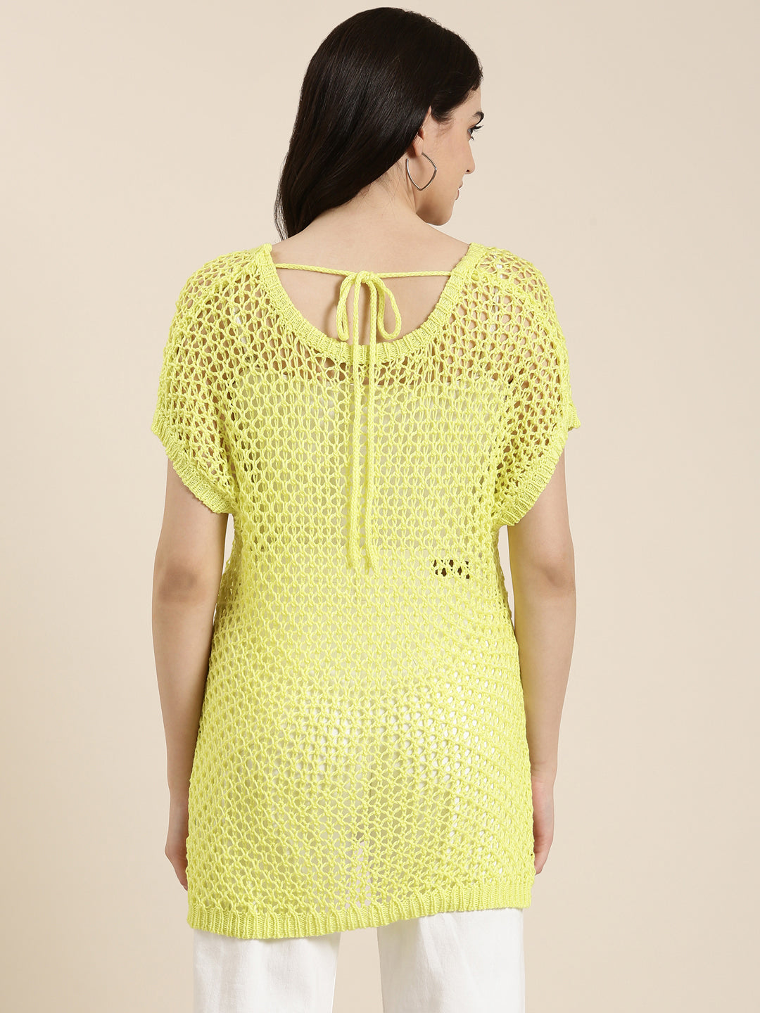 Women's Green Self Design Extended Sleeves Sheer Woollen Top