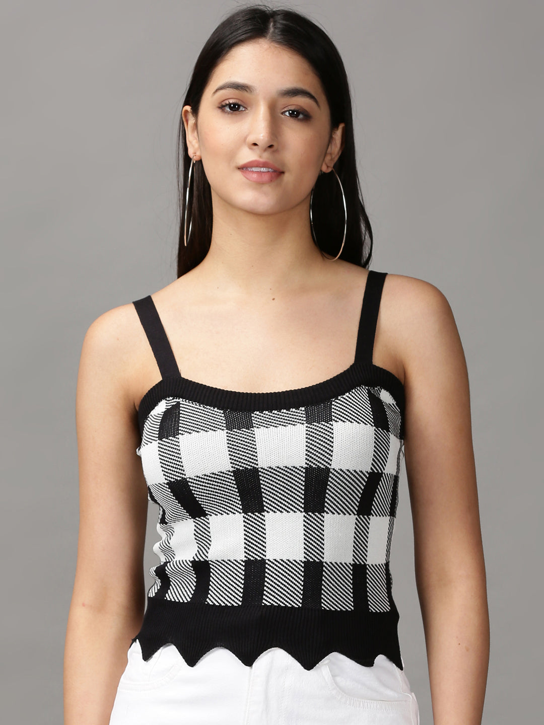 Women's Black Checked Fitted Crop Top