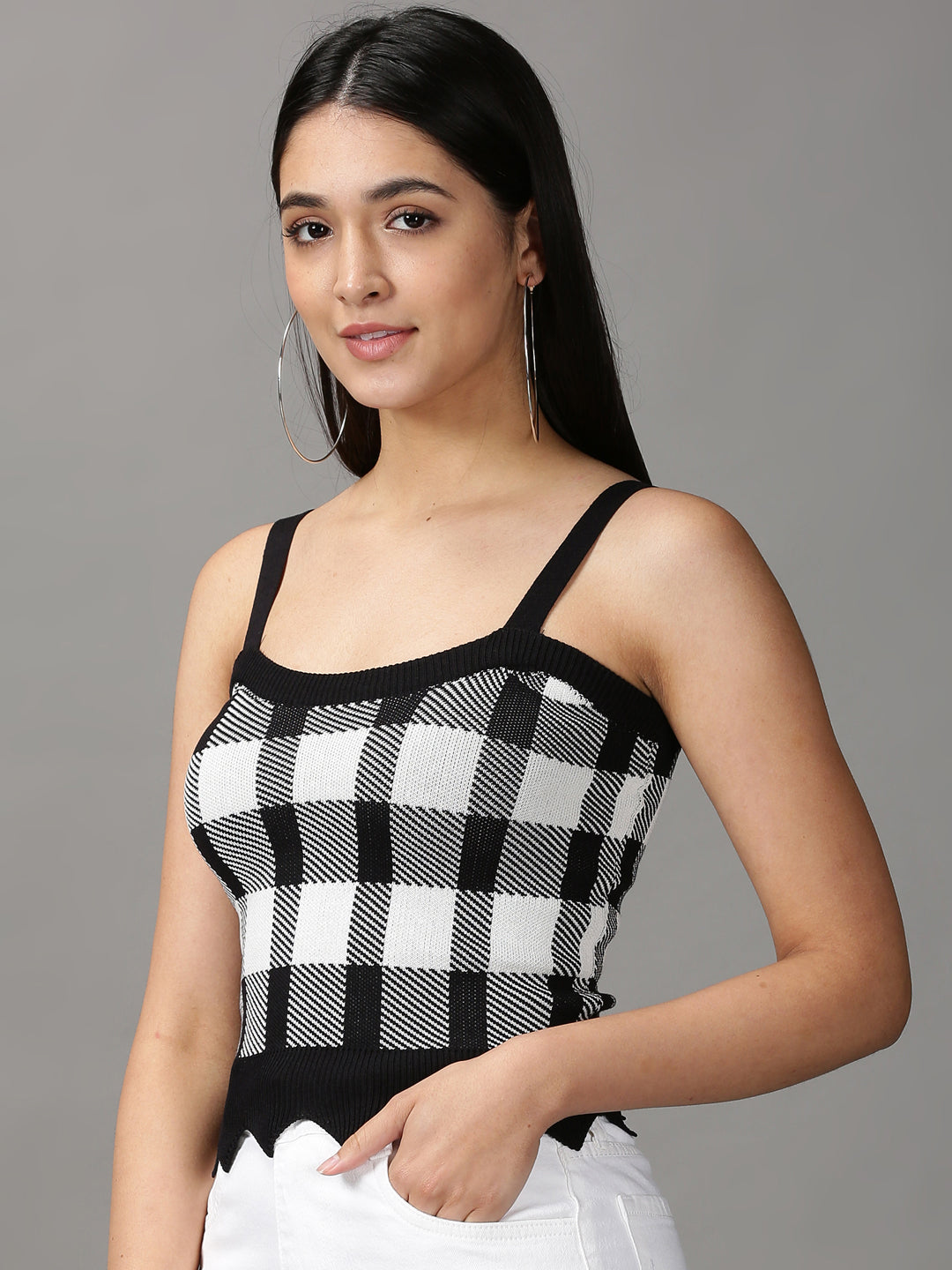 Women's Black Checked Fitted Crop Top