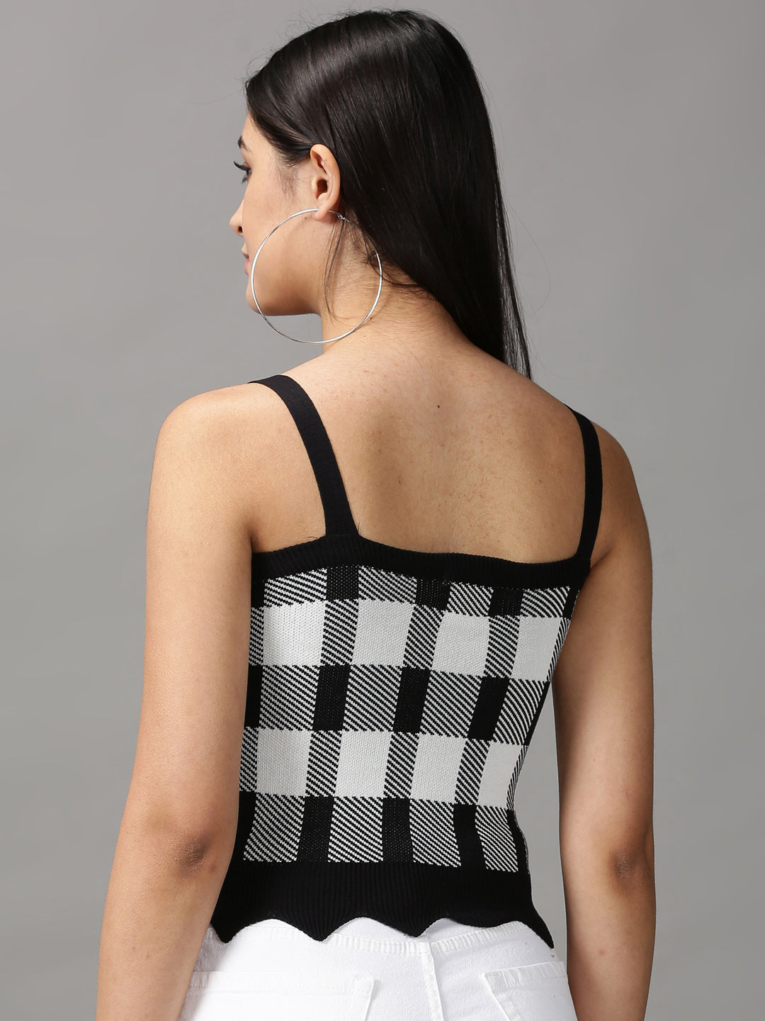 Women's Black Checked Fitted Crop Top