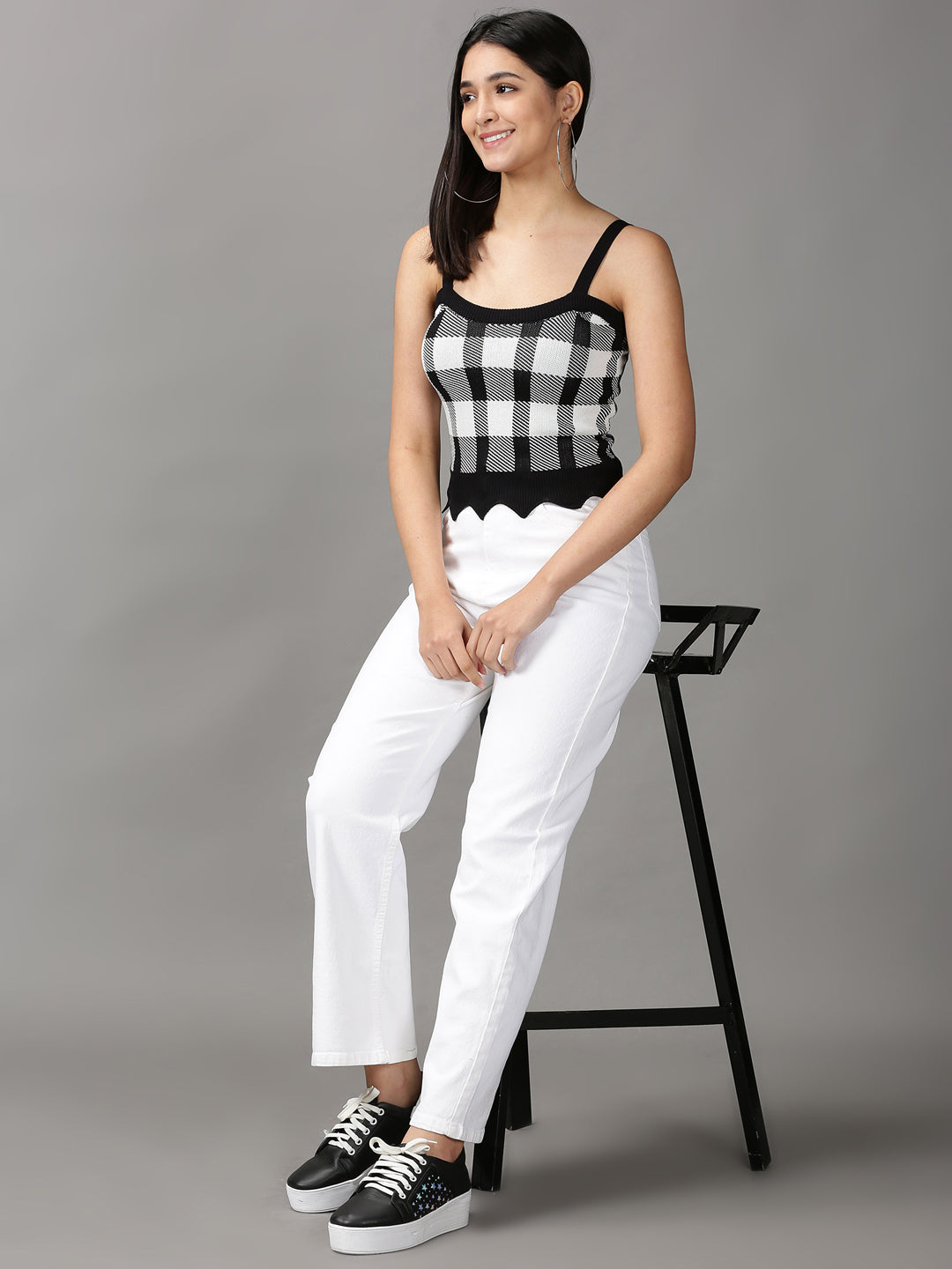 Women's Black Checked Fitted Crop Top