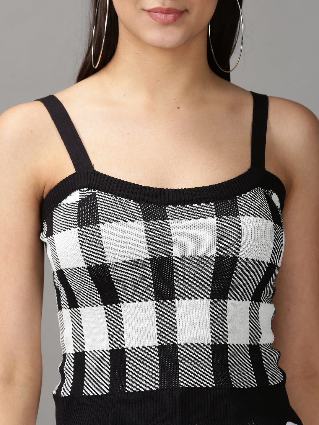Women's Black Checked Fitted Crop Top