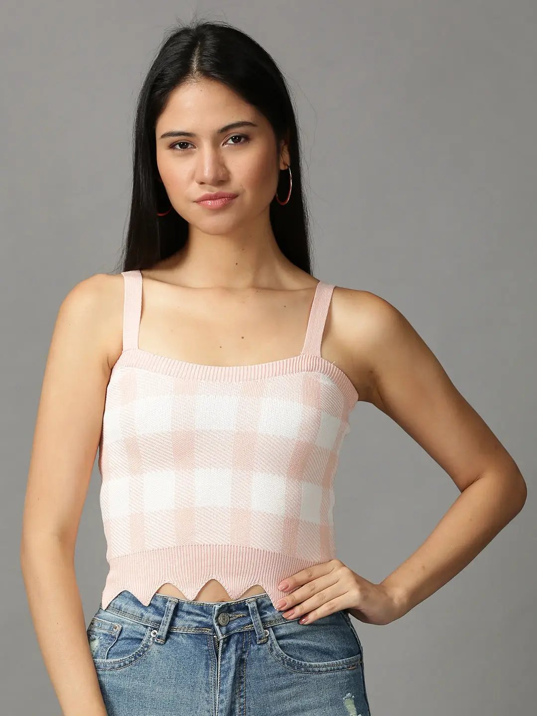 Women's Pink Checked Fitted Crop Top