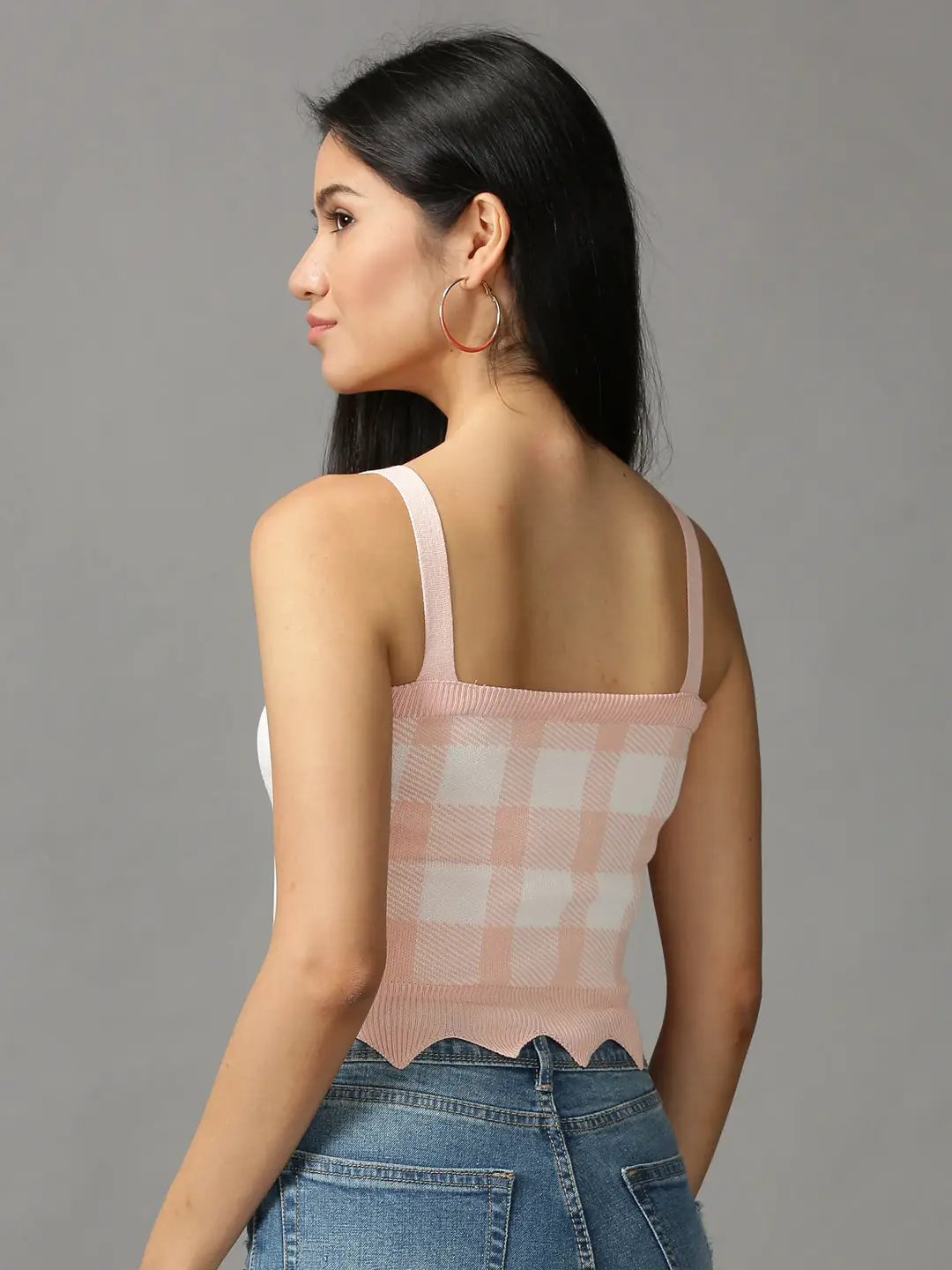 Women's Pink Checked Fitted Crop Top