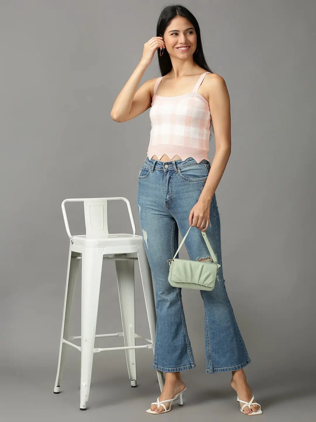 Women's Pink Checked Fitted Crop Top