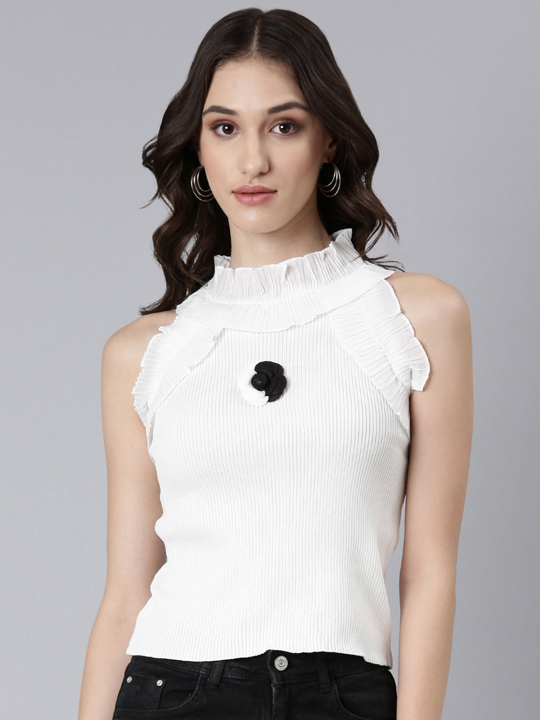 Women Off White Solid Fitted Top