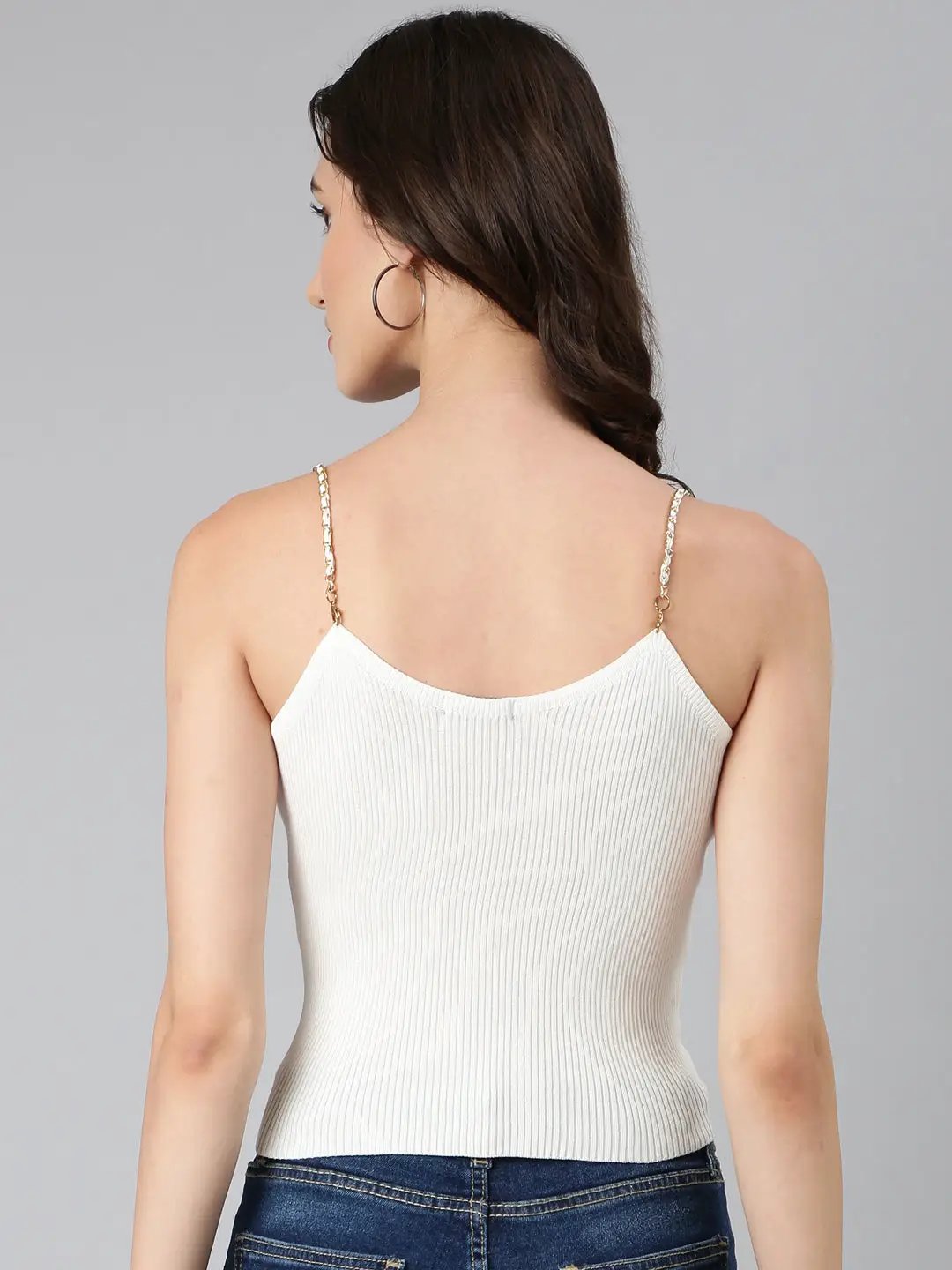 Women's Off White Solid Fitted Crop Top
