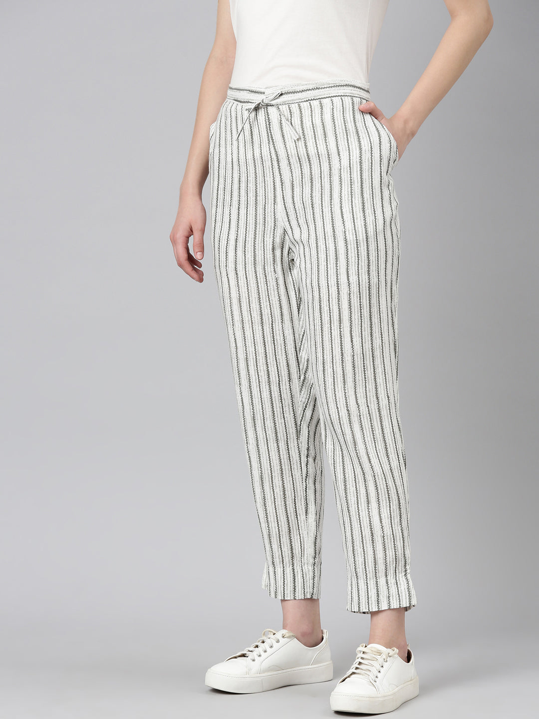 Women White Striped Trouser