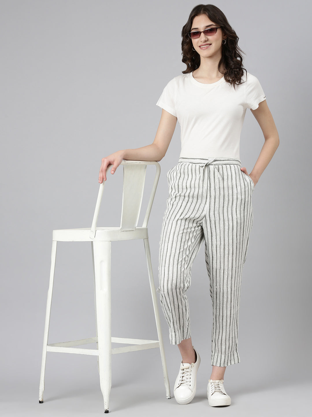 Women White Striped Trouser