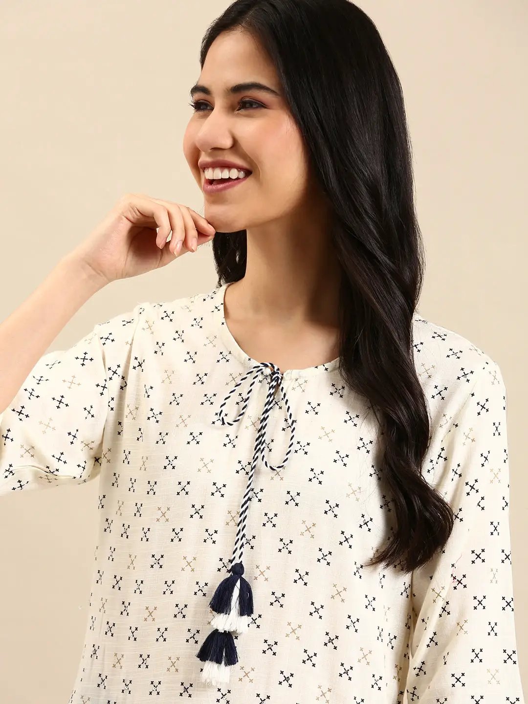 Women's Cream Printed Straight Kurta