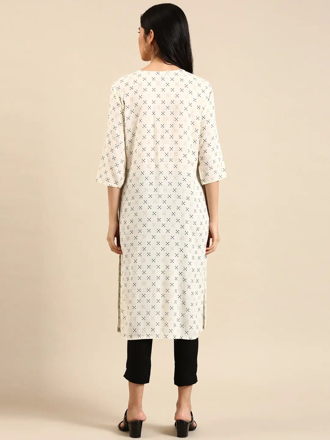 Women's Cream Printed Straight Kurta