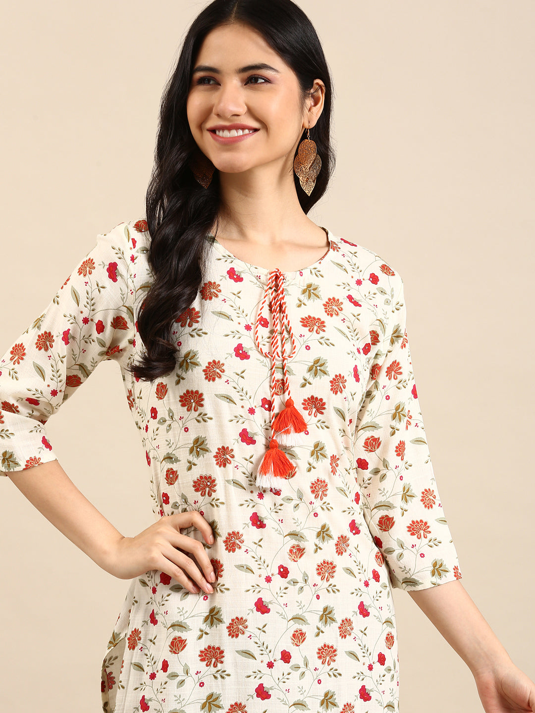 Women's Cream Printed Straight Kurta