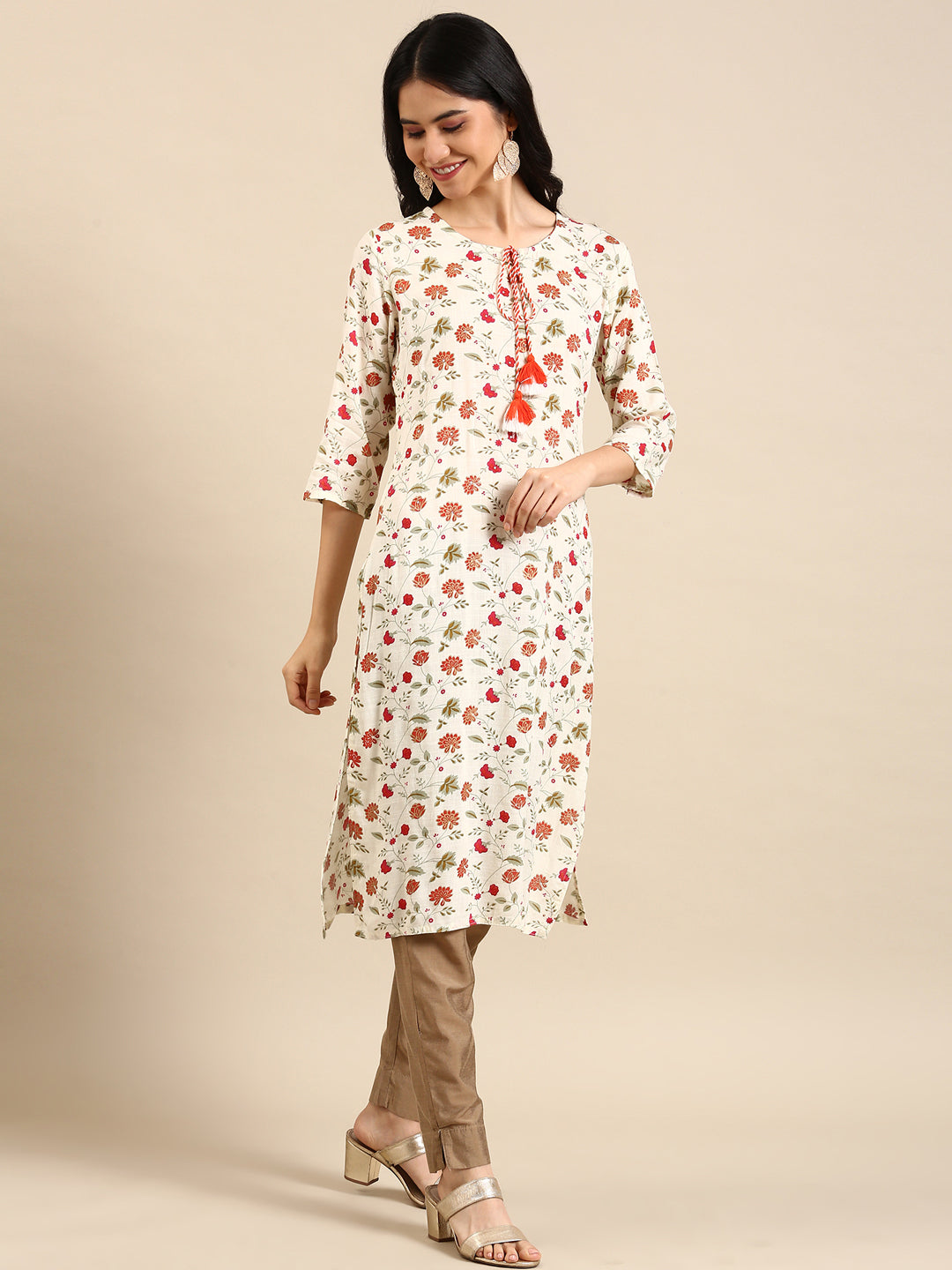 Women's Cream Printed Straight Kurta