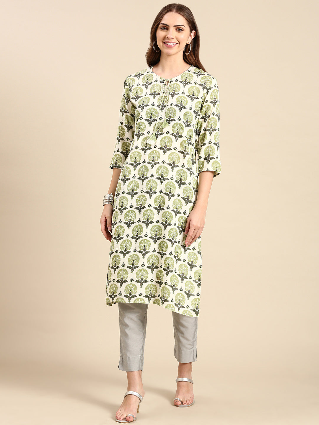 Women's Cream Printed Straight Kurta