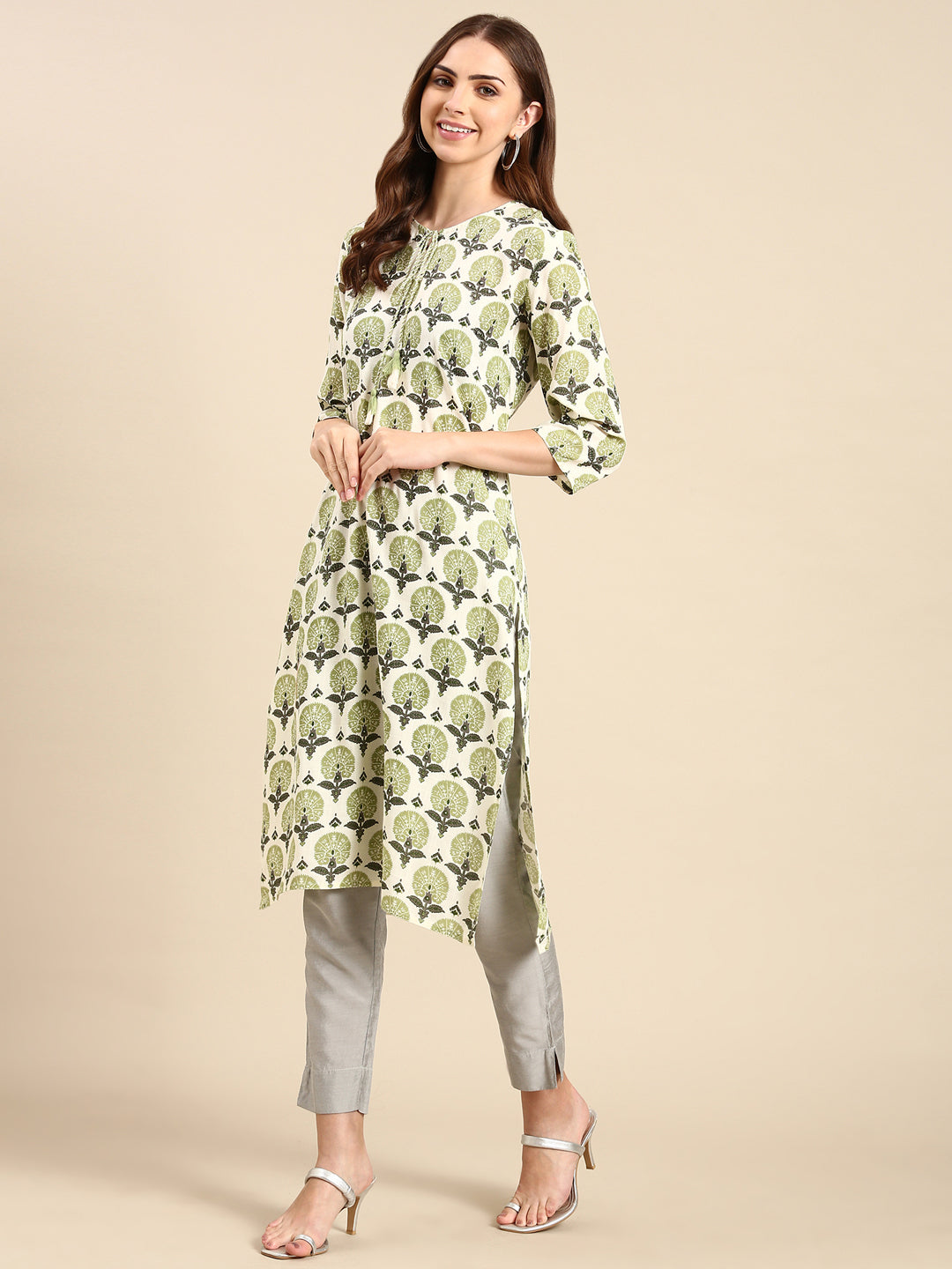 Women's Cream Printed Straight Kurta