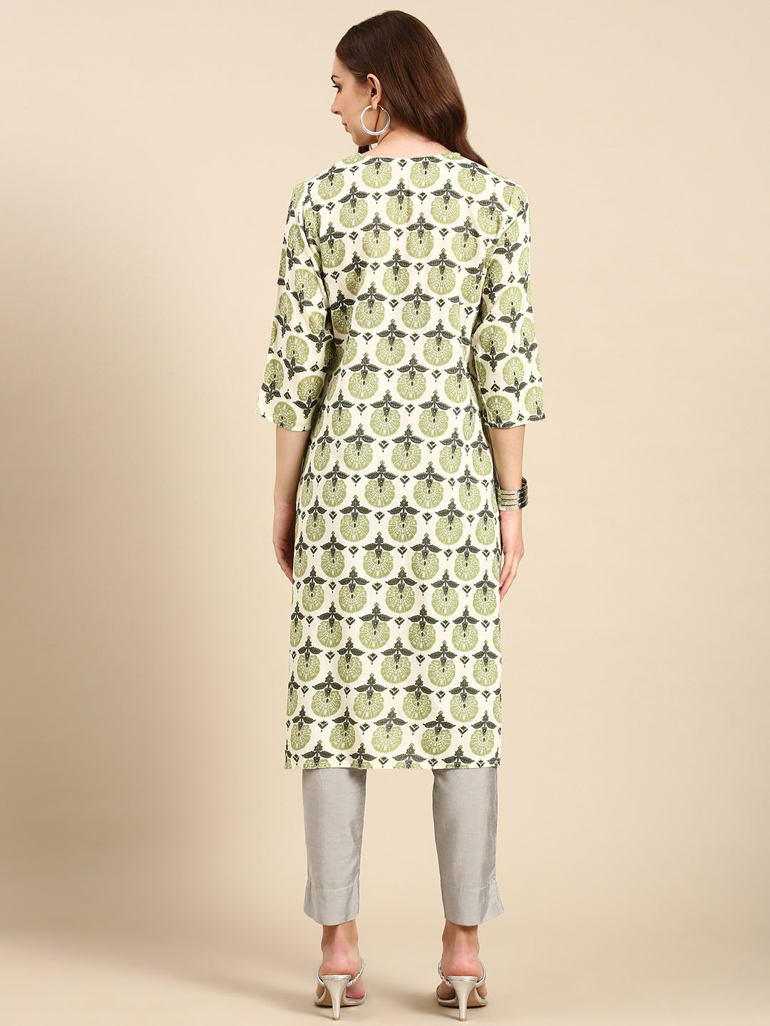 Women's Cream Printed Straight Kurta