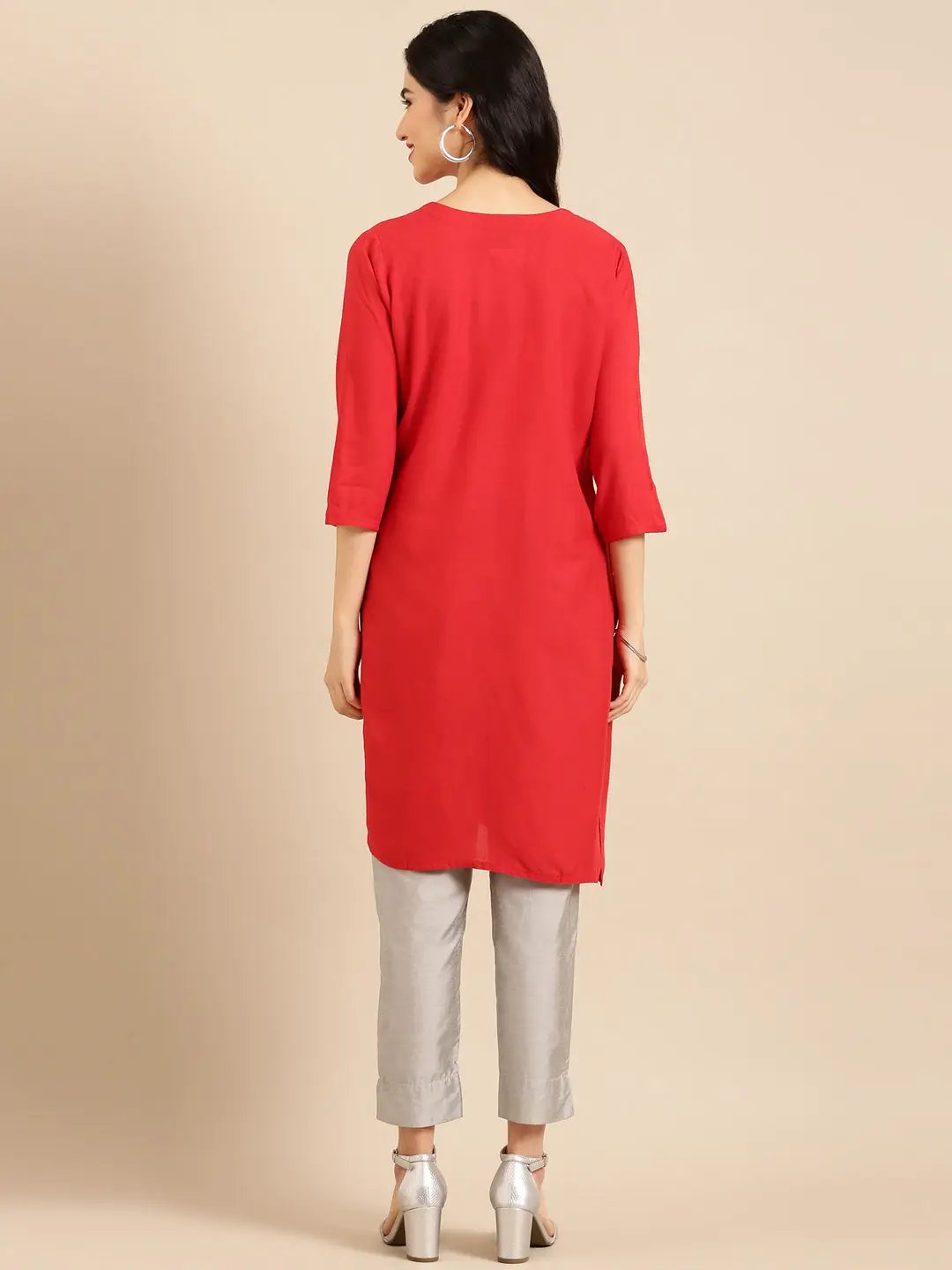 Women's Red Solid Straight Kurti