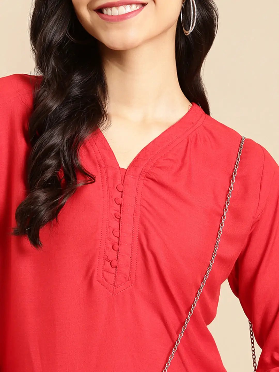 Women's Red Solid Straight Kurti