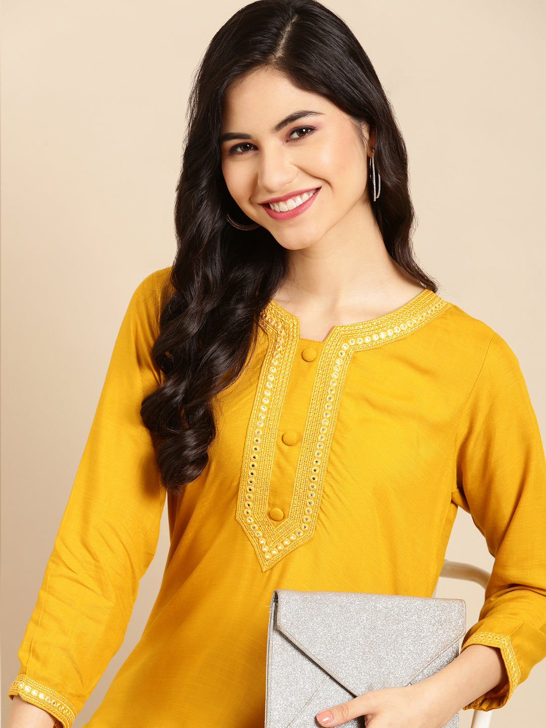 Women's Mustard Solid Straight Kurti