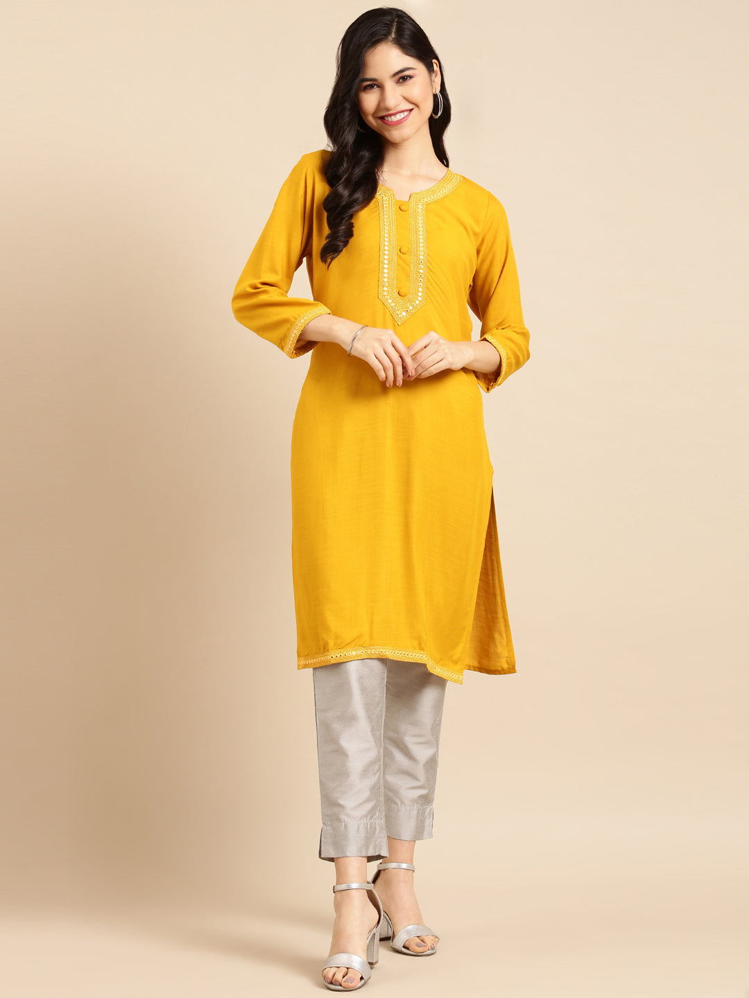 Women's Mustard Solid Straight Kurti