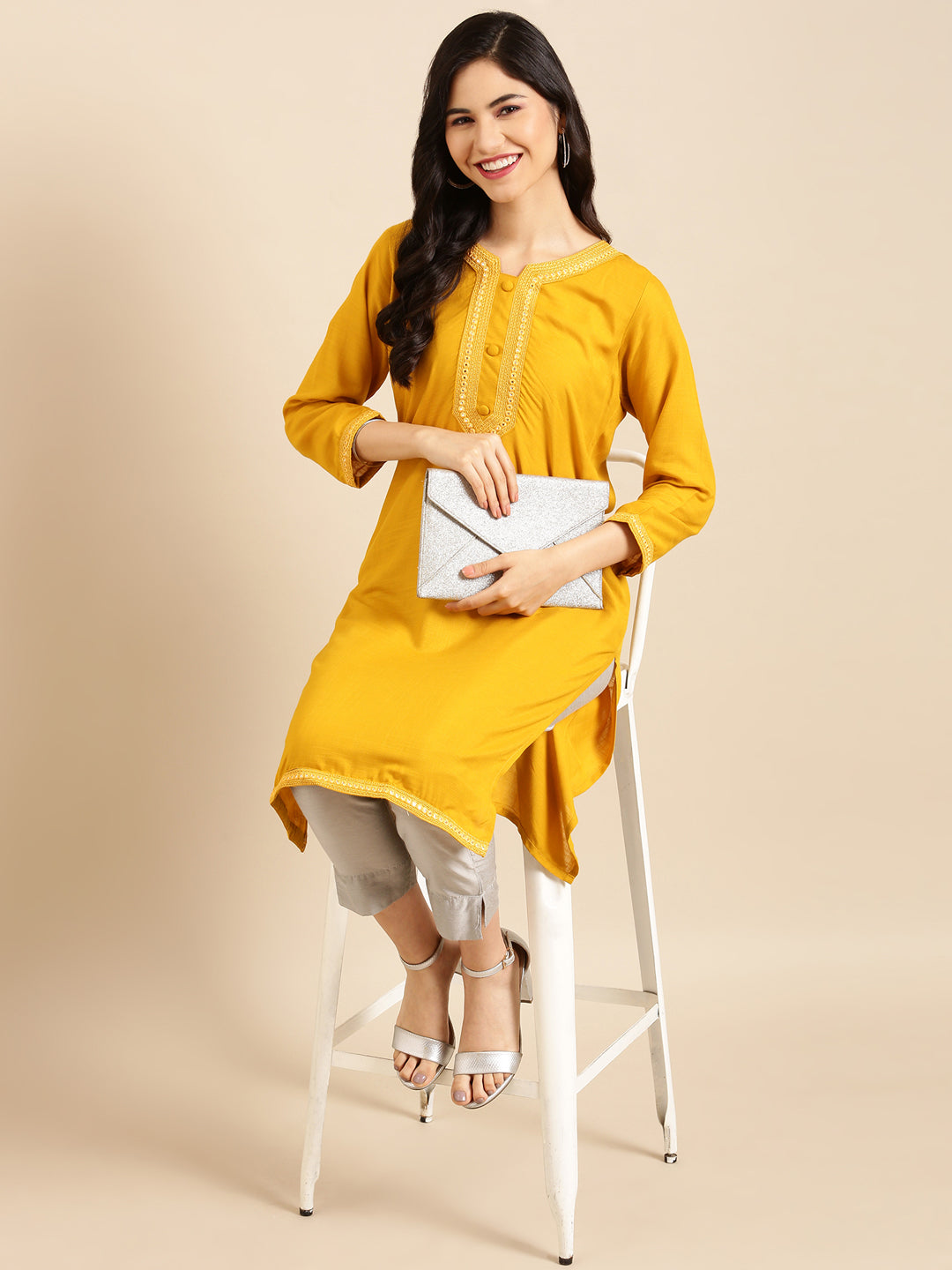 Women's Mustard Solid Straight Kurti