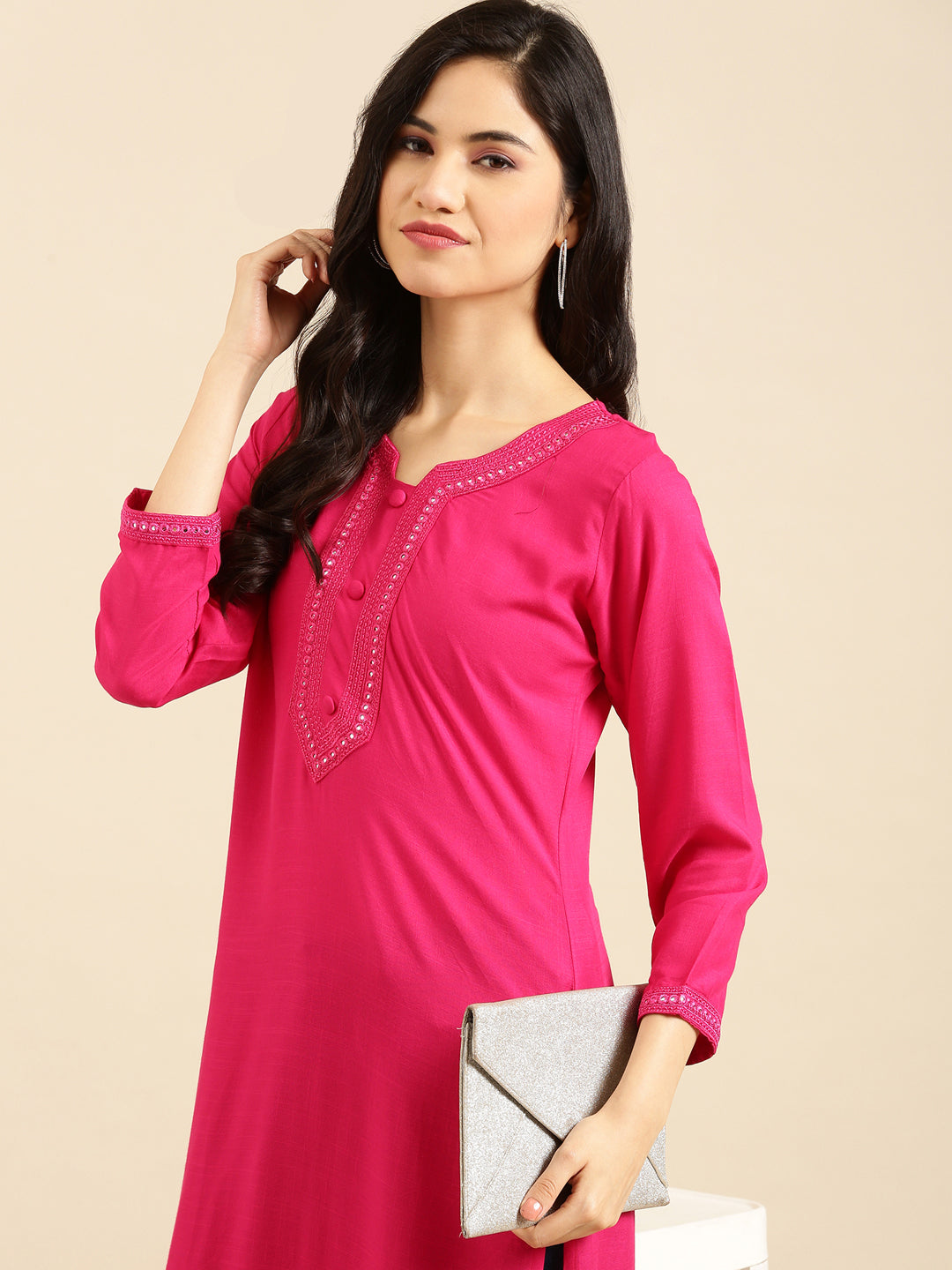 Women's Pink Solid Straight Kurti