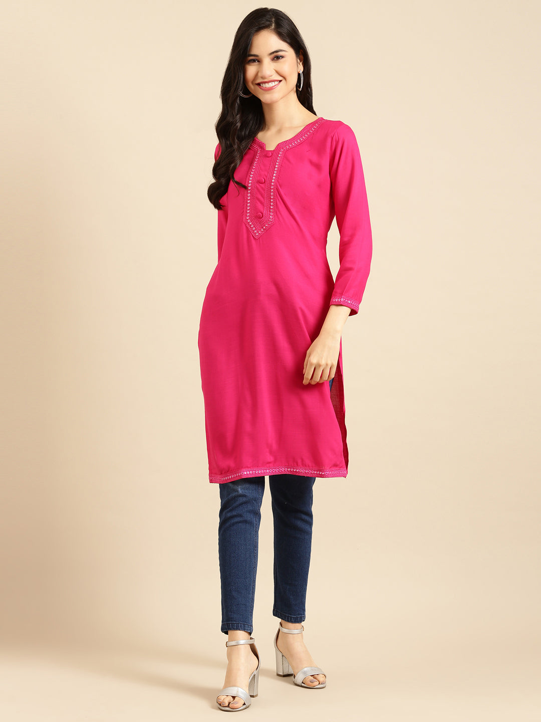 Women's Pink Solid Straight Kurti