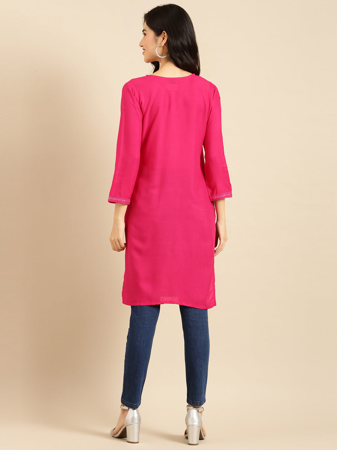 Women's Pink Solid Straight Kurti