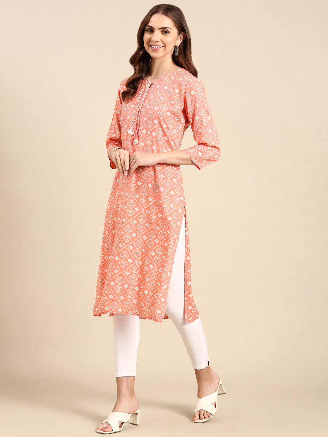 Women's Peach Printed Straight Kurta