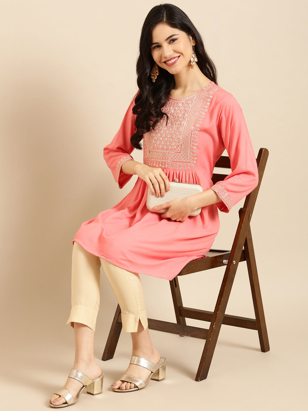 Women's Pink Solid Straight Kurti