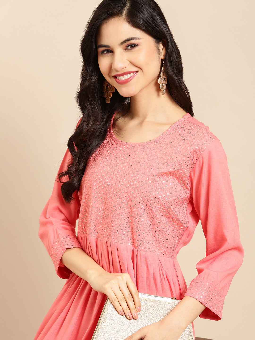 Women's Pink Solid A-Line Kurti