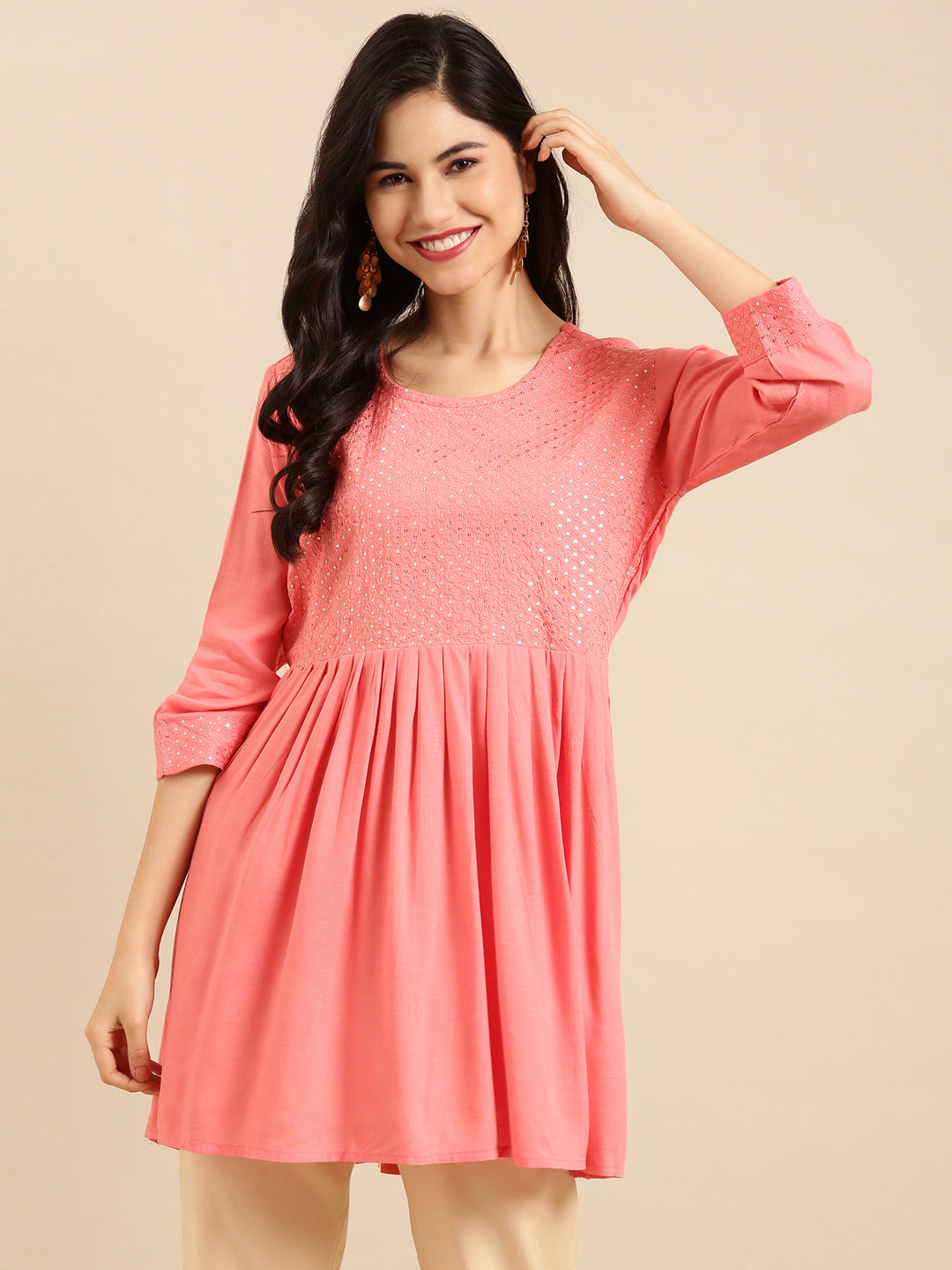 Women's Pink Solid A-Line Kurti