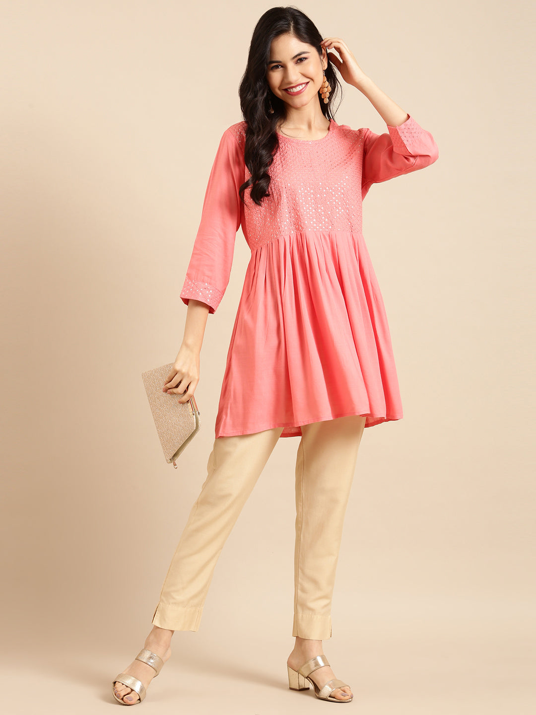 Women's Pink Solid A-Line Kurti