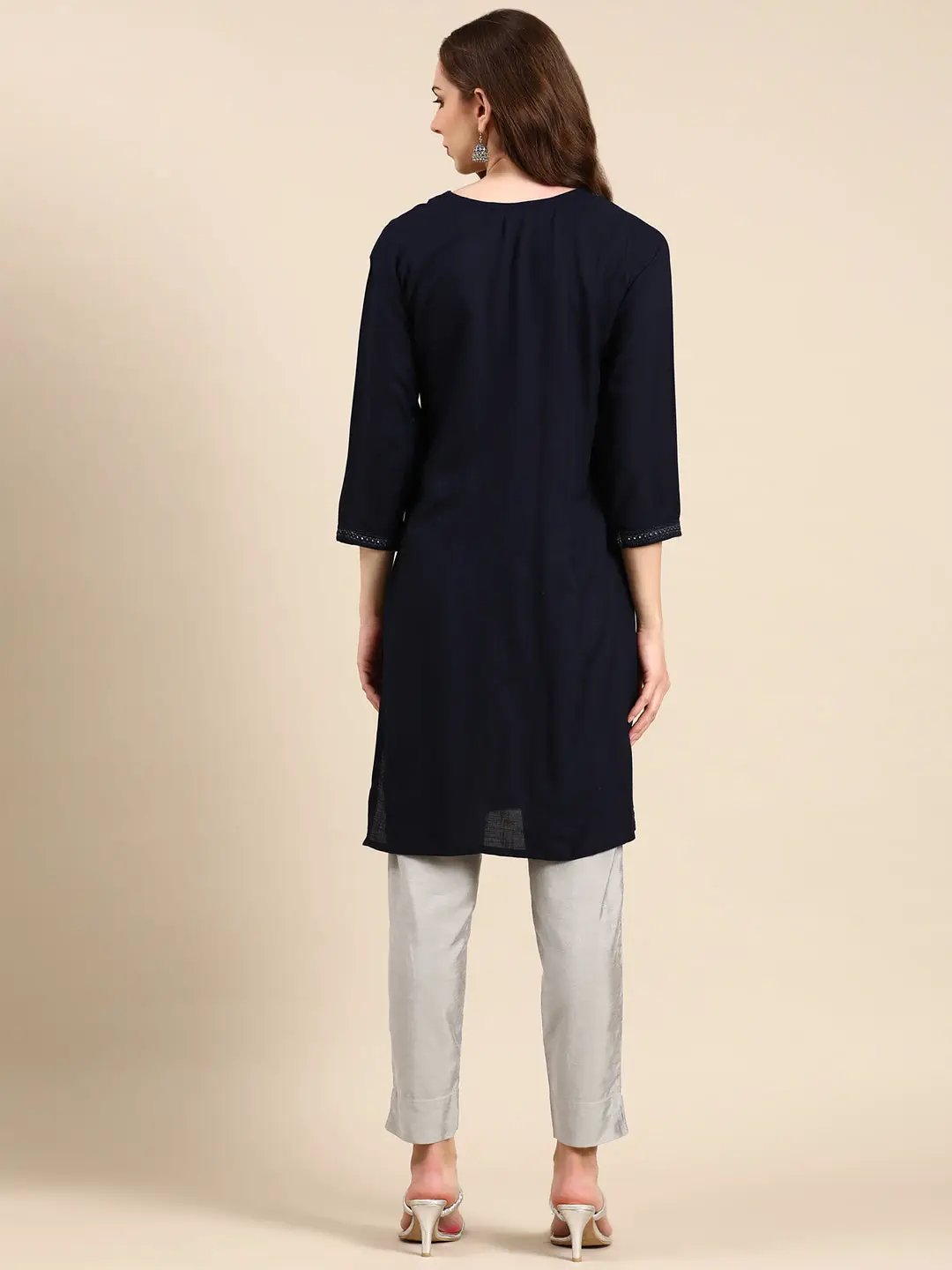Women's Navy Blue Solid Straight Kurta