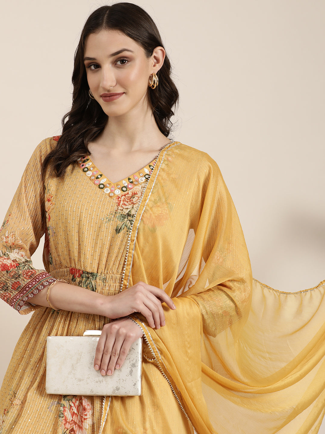 Women Mustard Floral Kurta Set