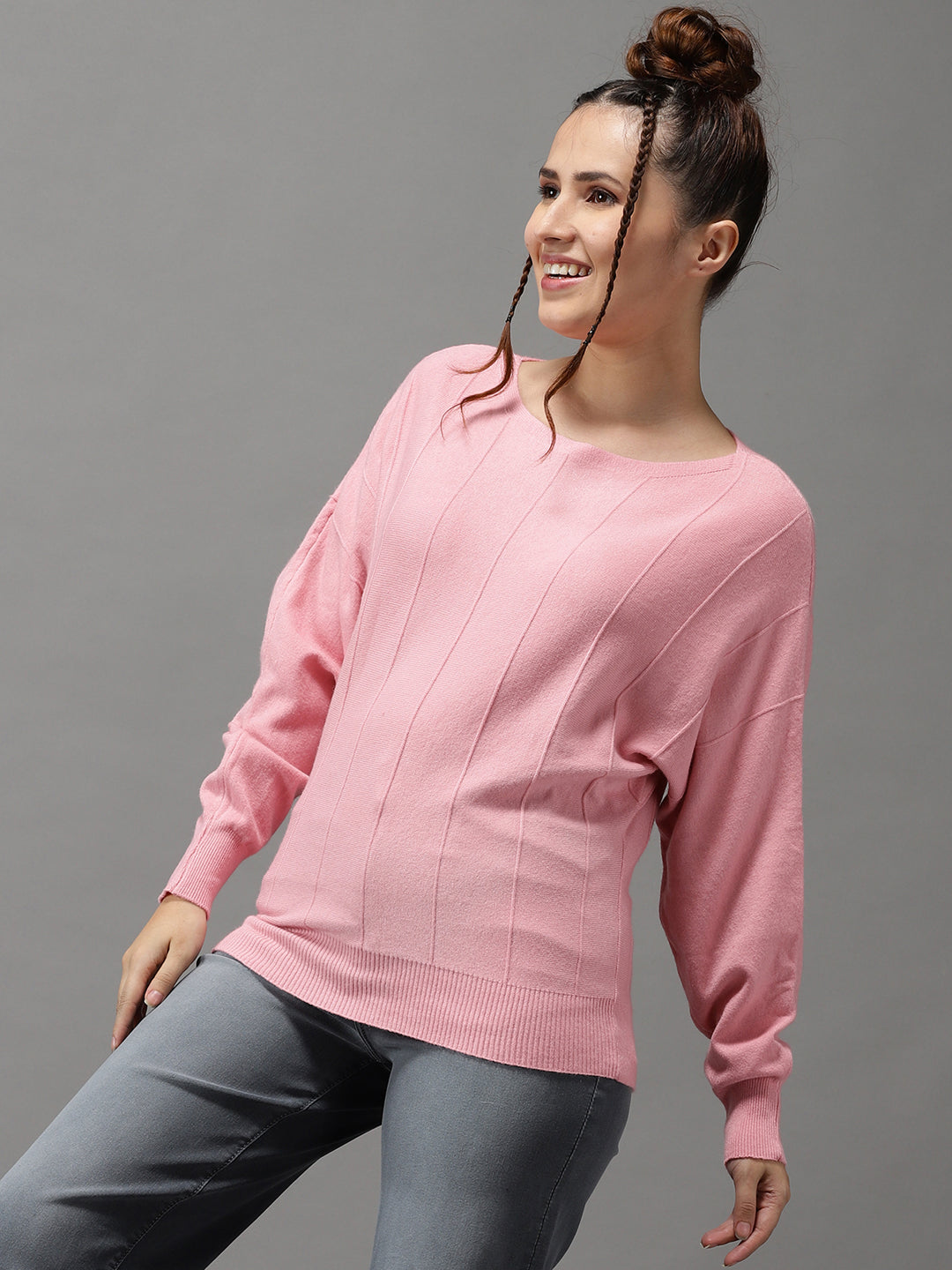 Women's Pink Solid Pullover Sweater