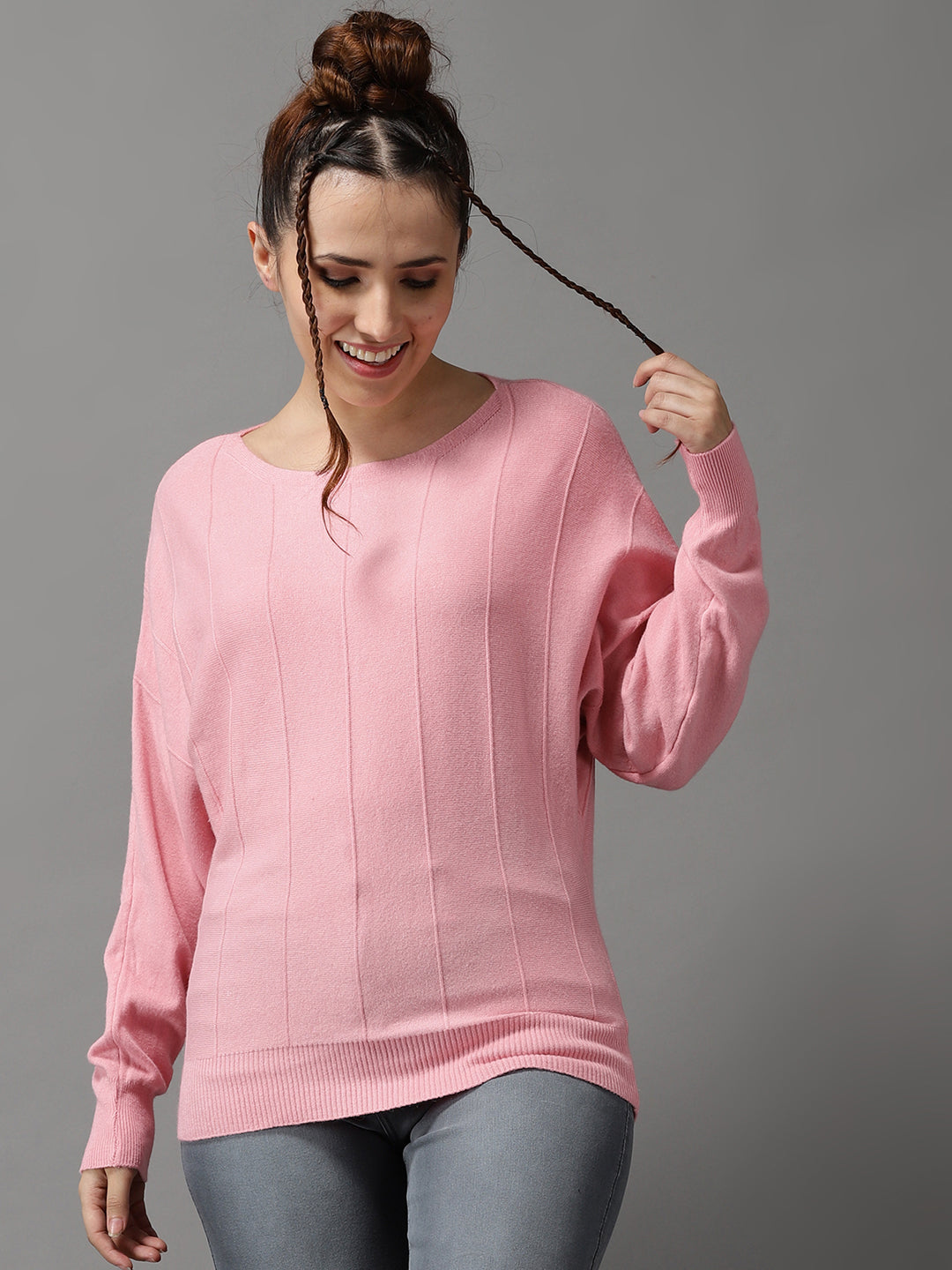 Women's Pink Solid Pullover Sweater