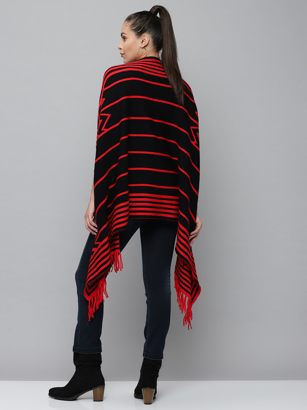 Women's Red Striped Poncho Sweater