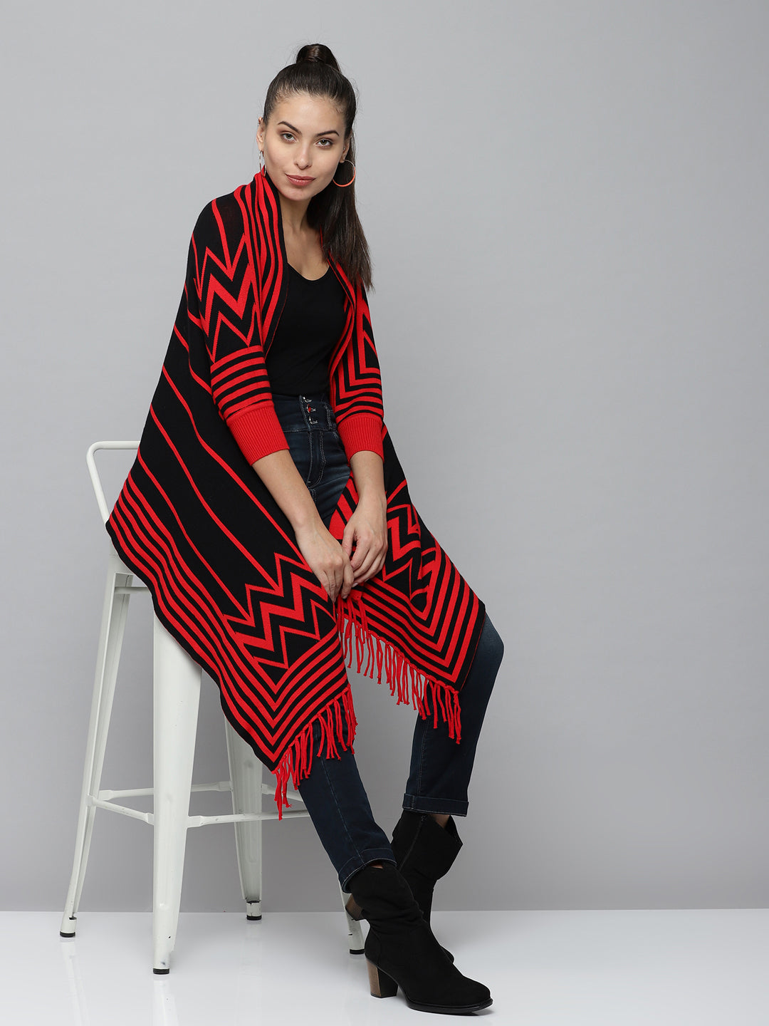 Women's Red Striped Poncho Sweater