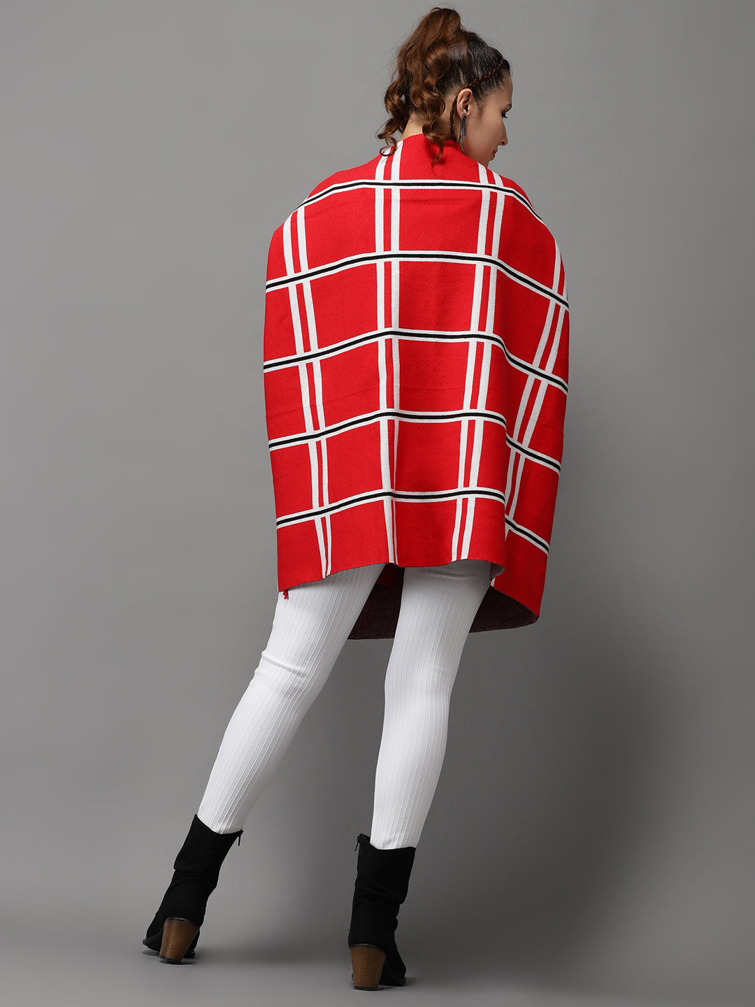 Women's Red Checked Poncho Sweater