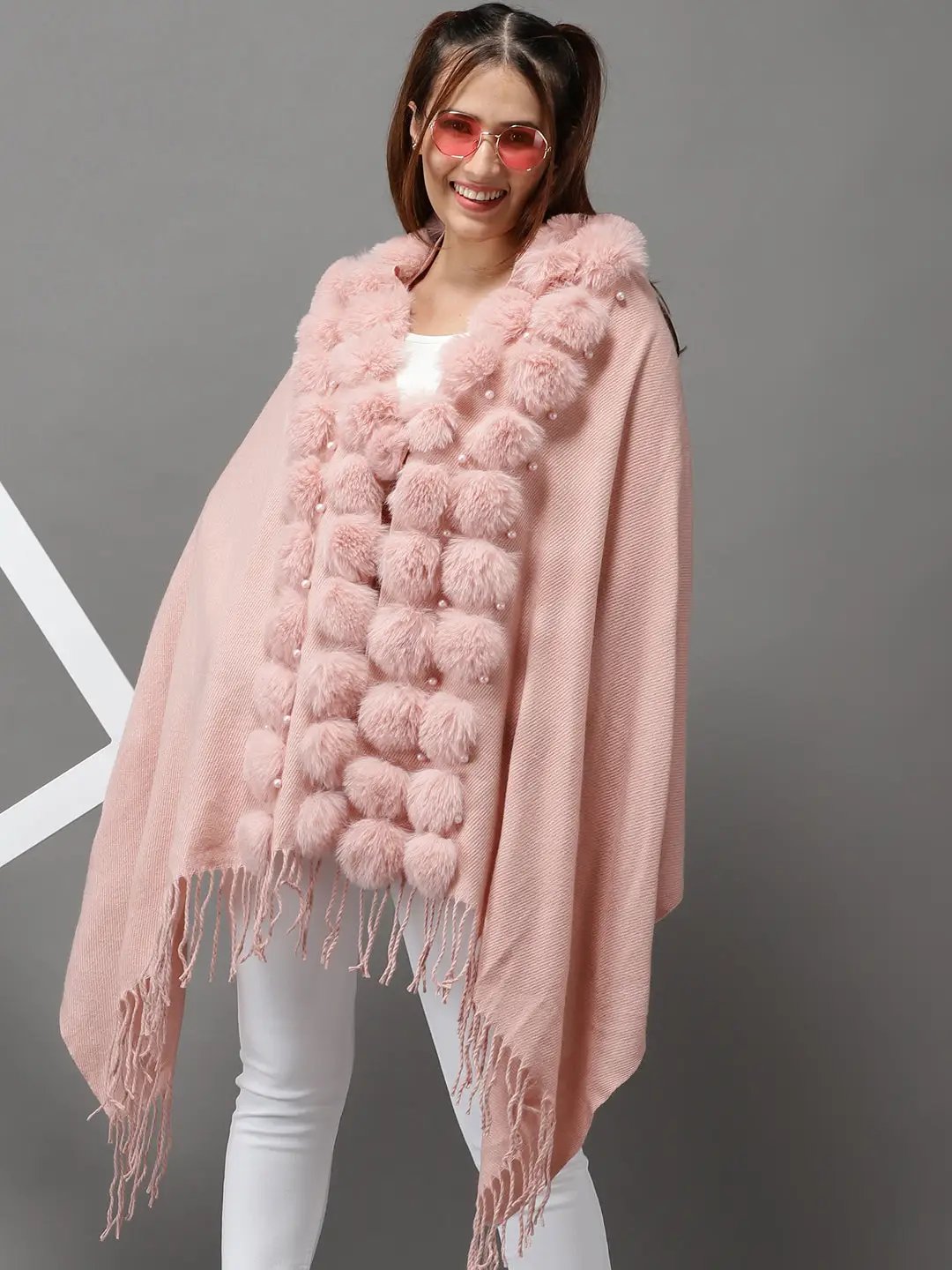 Women's Pink Solid Poncho Sweater