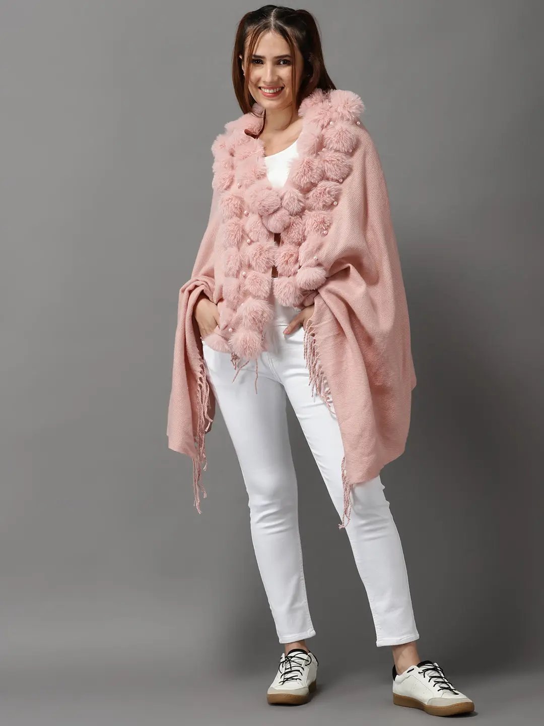 Women's Pink Solid Poncho Sweater