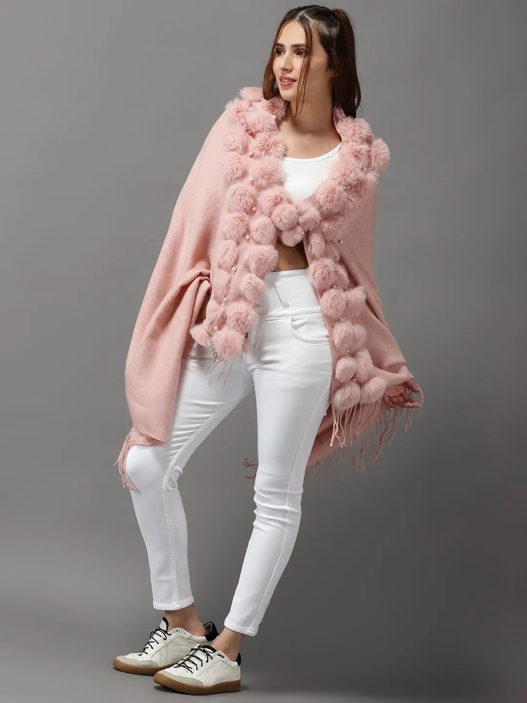 Women's Pink Solid Poncho Sweater