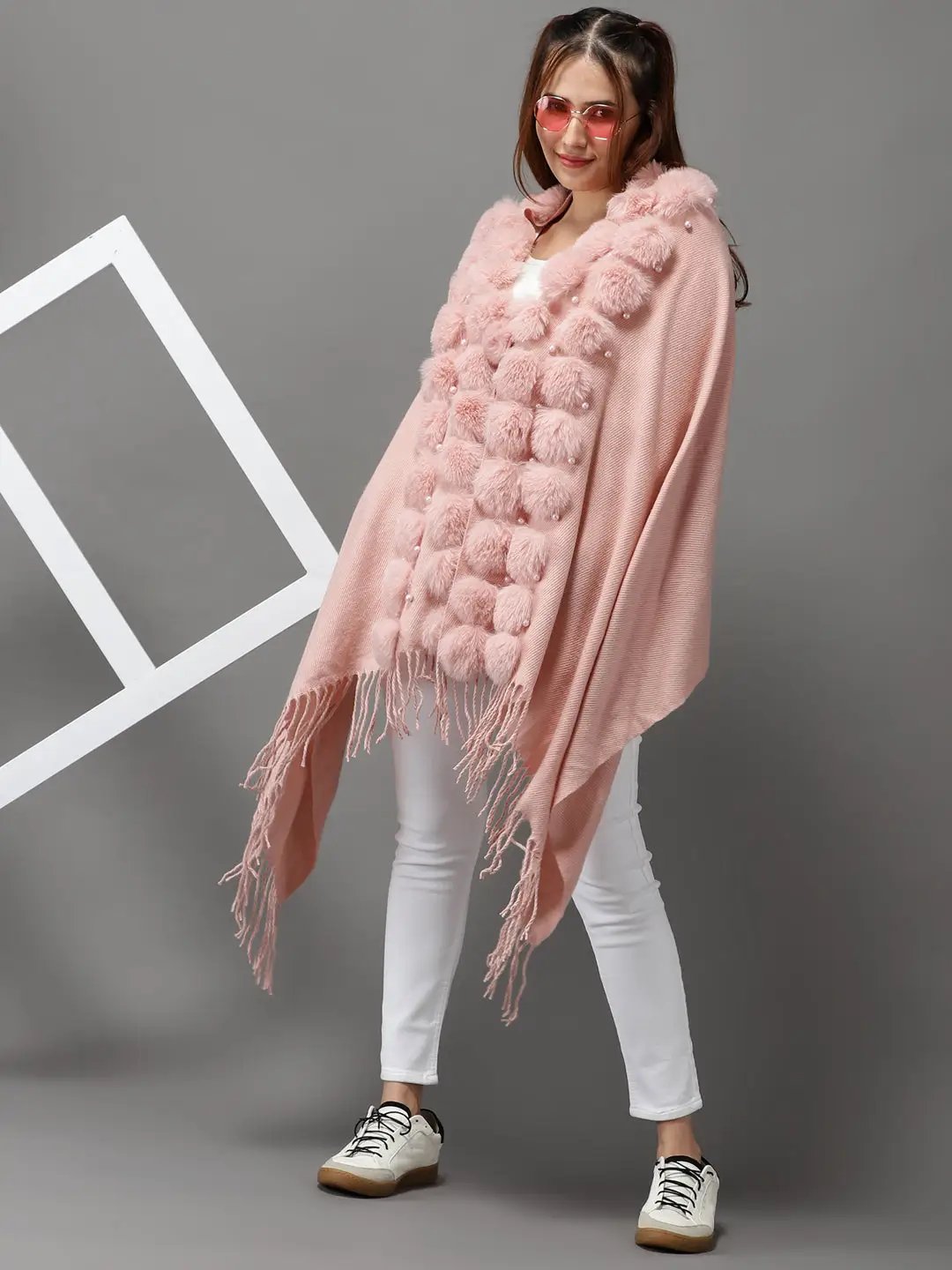 Women's Pink Solid Poncho Sweater