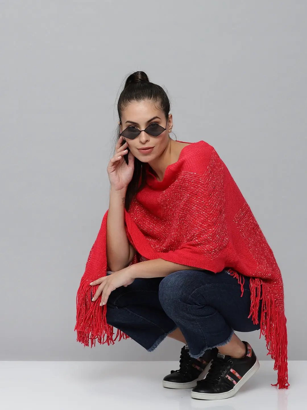 Women's Red Solid Poncho Sweater