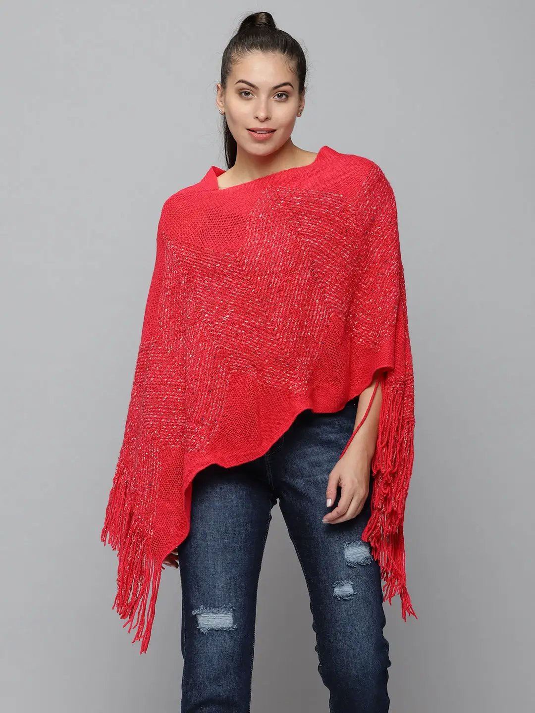 Women's Red Solid Poncho Sweater